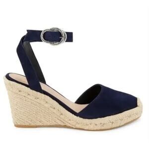 STUART WEITZMAN Crystal Buckle Espadrille Wedge Sandal In Navy 39.5